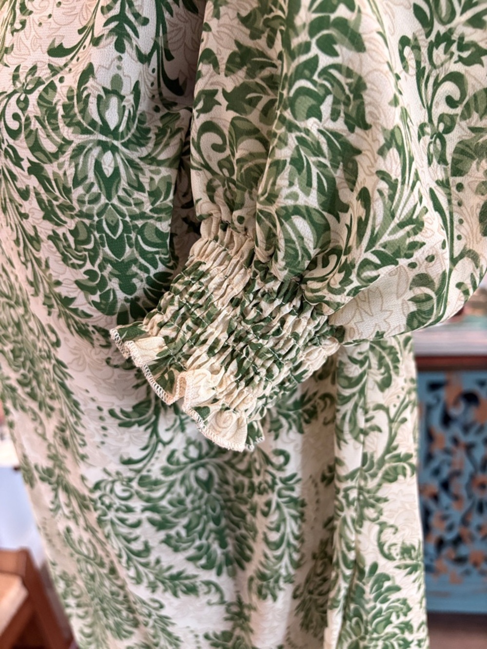 Green Damask Print Long Sleeve Smocked Neck Blouse - Picture 3 of 4